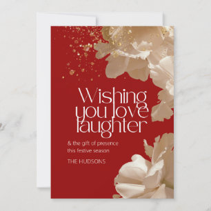 Deep Red Festive Season Gold Floral Holiday Card