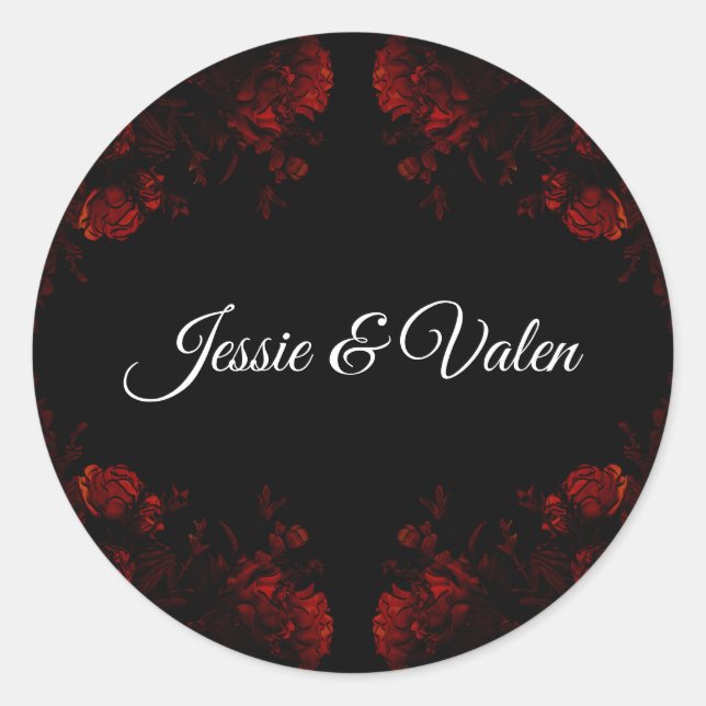 Deep Red Floral Elegant Gothic Wedding Classic Round Sticker (Front)