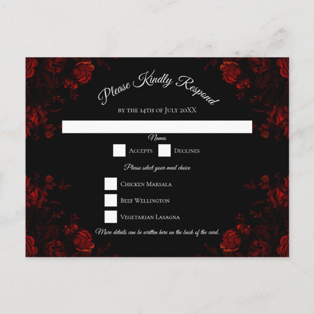 Deep Red Floral Elegant Gothic Wedding Holiday Postcard (Front)