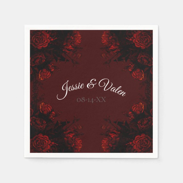 Deep Red Floral Elegant Gothic Wedding Napkin (Front)
