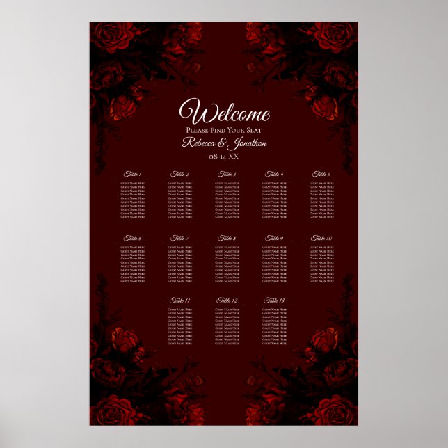 Deep Red Floral Elegant Gothic Wedding Poster (Front)