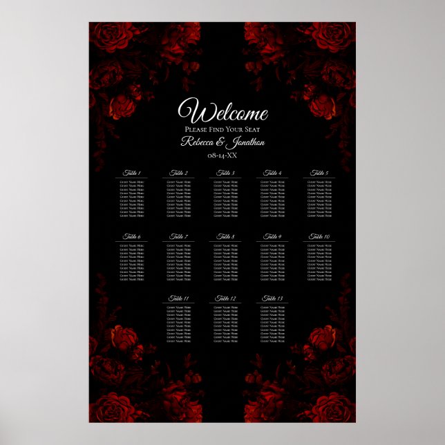 Deep Red Floral Elegant Gothic Wedding Poster (Front)