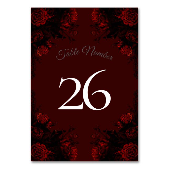 Deep Red Floral Elegant Gothic Wedding Table Number (Back)