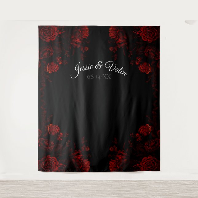 Deep Red Floral Elegant Gothic Wedding Tapestry (Front)