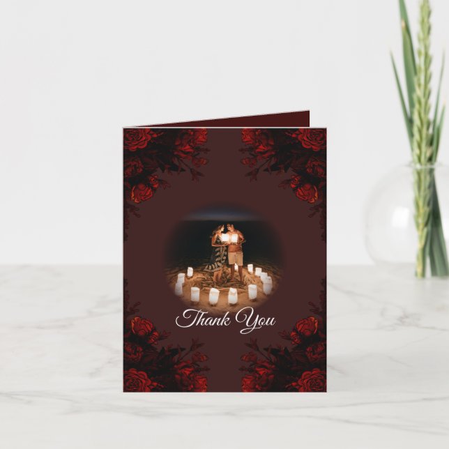 Deep Red Floral Elegant Gothic Wedding Thank You Card (Front)