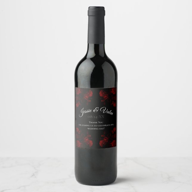 Deep Red Floral Elegant Gothic Wedding Wine Label (Front)