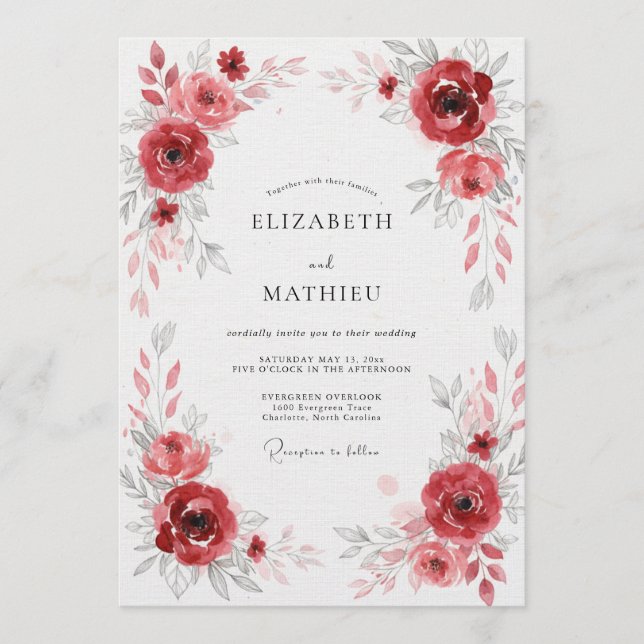 Deep Red Floral Flourish Wedding Invitation (Front)