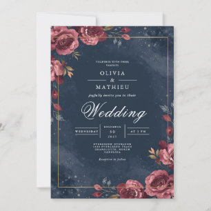 Deep Red Floral Navy Arch Wedding Invitation