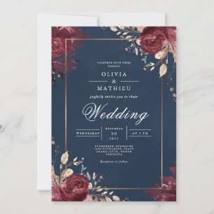 Deep Red Floral Navy Border Wedding Invitation