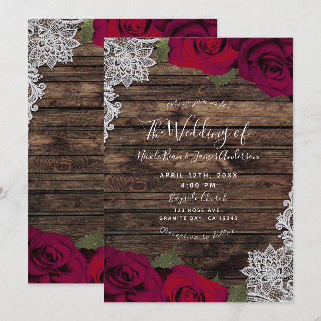 Deep Red Floral Roses Rustic Wood Lace Wedding Invitation (Front/Back)