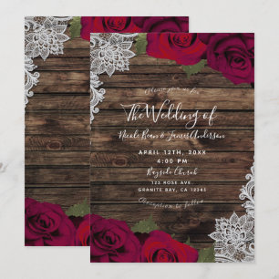 Deep Red Floral Roses Rustic Wood Lace Wedding Invitation