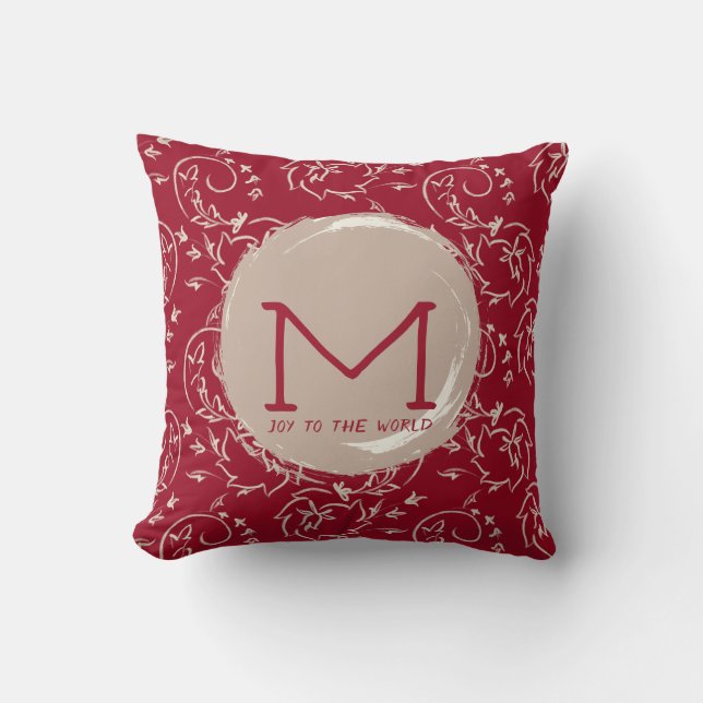 Deep Red Floral Scroll Monogram Accent Cushion (Front)