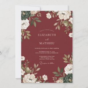 Deep Red Floral Watercolor Wedding Invitation