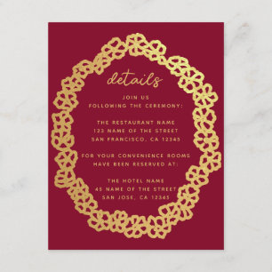 Deep Red Floral Wedding Details Faux Gold Wreath Enclosure Card
