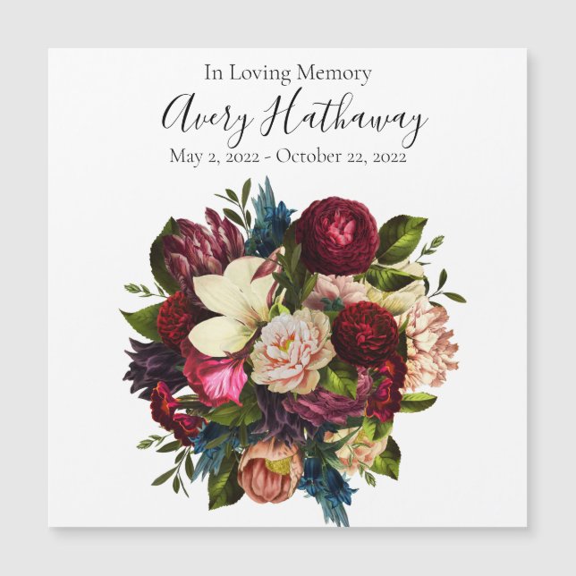 Deep Red Flower Bouquet Funeral Memorial Magnet (Front)