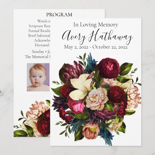 Deep Red Flower Bouquet Funeral Memorial Program  Invitation (Front/Back)