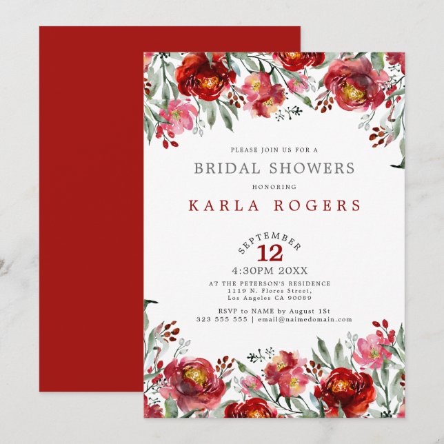 Deep-red garden flowers border invitation (Front/Back)