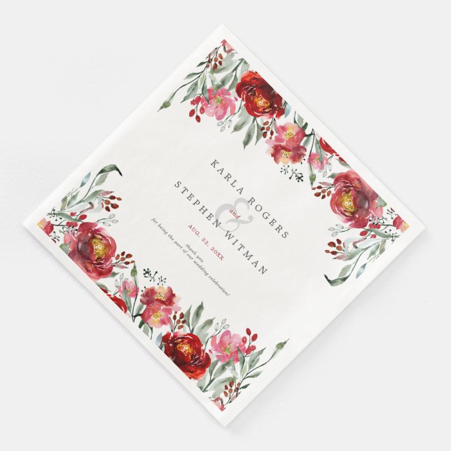 Deep-red Garden Flowers Watercolors Frame Napkin (Corner)