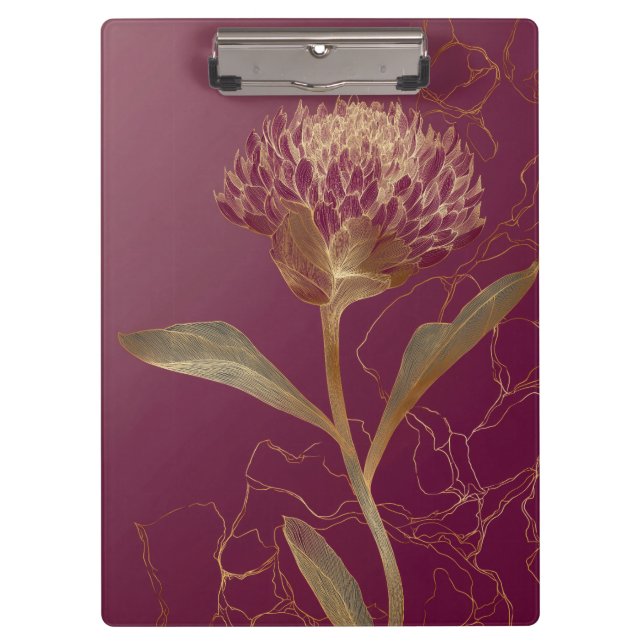 Deep Red Gold Botanical Flower Linework Clipboard (Front)