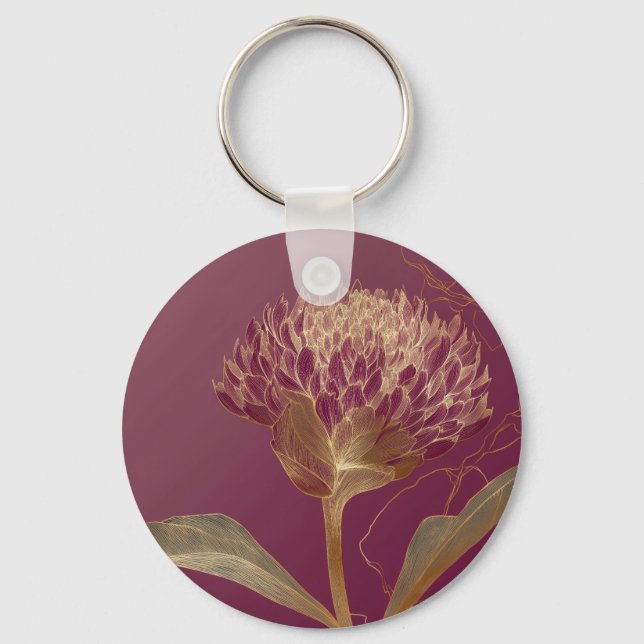 Deep Red Gold Botanical Flower Linework Key Ring (Front)