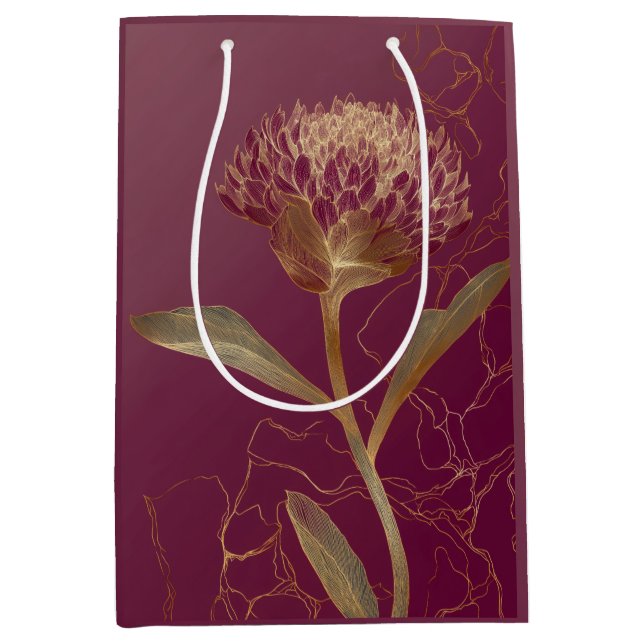 Deep Red Gold Botanical Flower Linework Medium Gift Bag (Front)