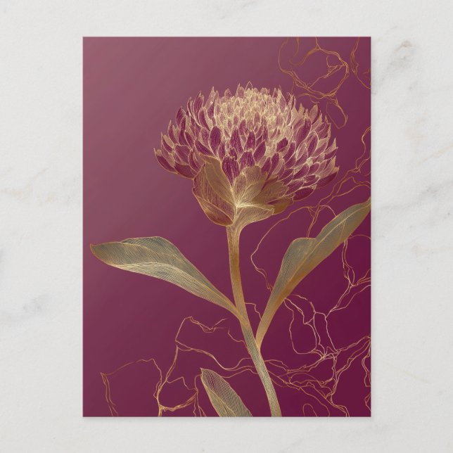 Deep Red Gold Botanical Flower Linework Postcard (Front)