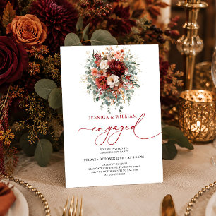 Deep Red Gold Burgundy Floral Autumn engagement in Invitation