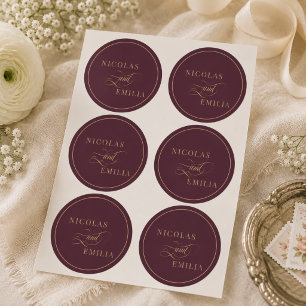 Deep Red Gold Elegant Calligraphy Wedding Classic Round Sticker