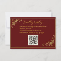 Deep Red & Gold Embossed QR Code RSVP Card