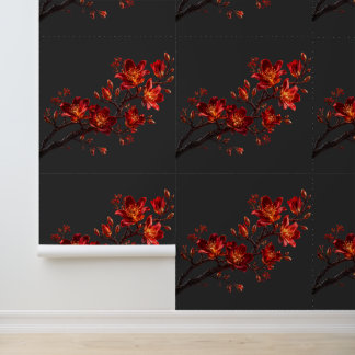 Deep Red & Gold Floral Branch Wallpaper