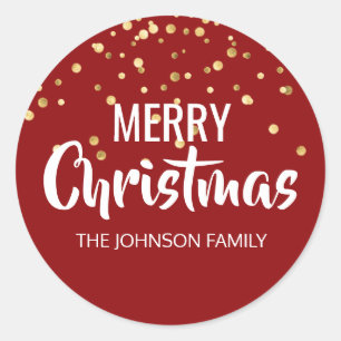 Deep RED Gold Glitter Confetti Merry Christmas Classic Round Sticker
