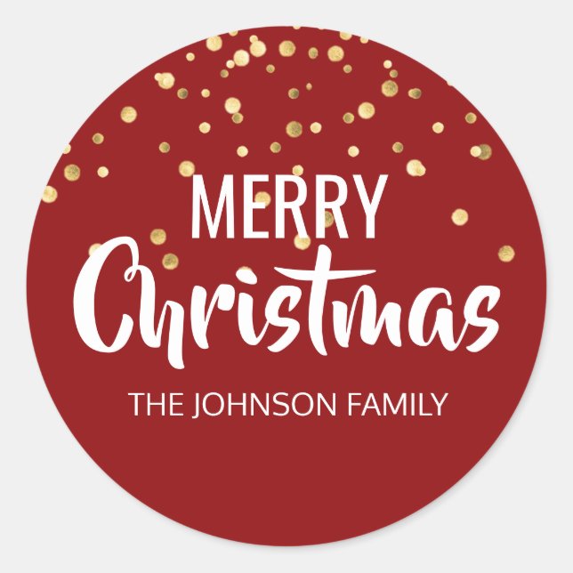 Deep RED Gold Glitter Confetti Merry Christmas Classic Round Sticker (Front)