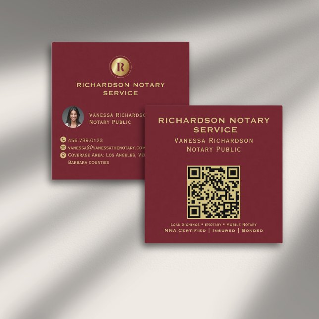 Deep Red Gold Monogram Elegant Notary QR Photo  Square Business Card (Creator Uploaded)