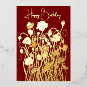Deep Red & Gold Wild Poppy Watercolor Birthday Foil Holiday Card