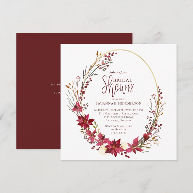 Deep Red Gold Winter Calligraphy Bridal Shower Invitation (Front/Back)