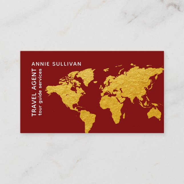 Deep Red Gold World Map Travel Agent  Business Card (Front)