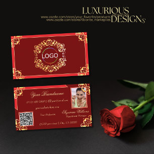 Deep Red Golden Ornate Logo Photo and QR Code Business Card