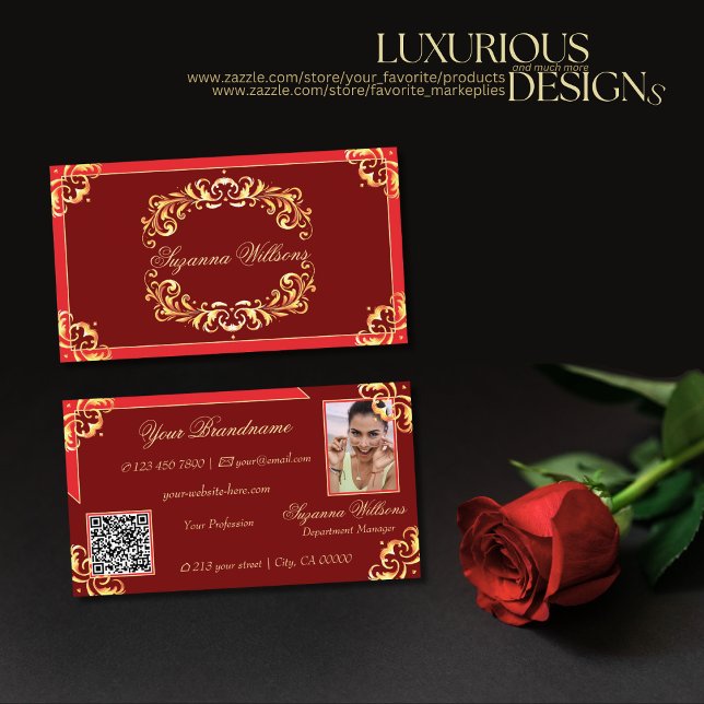 Deep Red Golden Ornate with Photo and QR Code Business Card (Creator Uploaded)