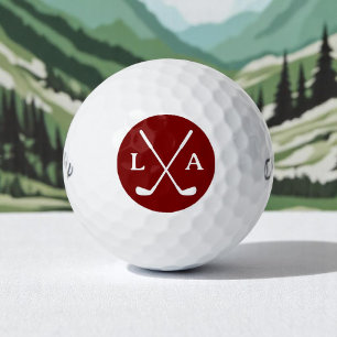 Deep Red Golfer Logo Initials & Crossed Clubs Golf Balls