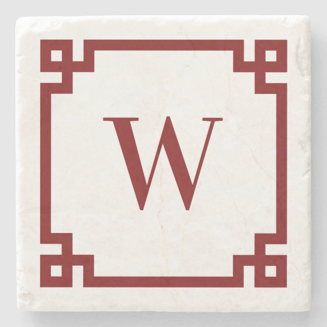 Deep Red Greek Key Border Monogram Stone Coaster (Front)
