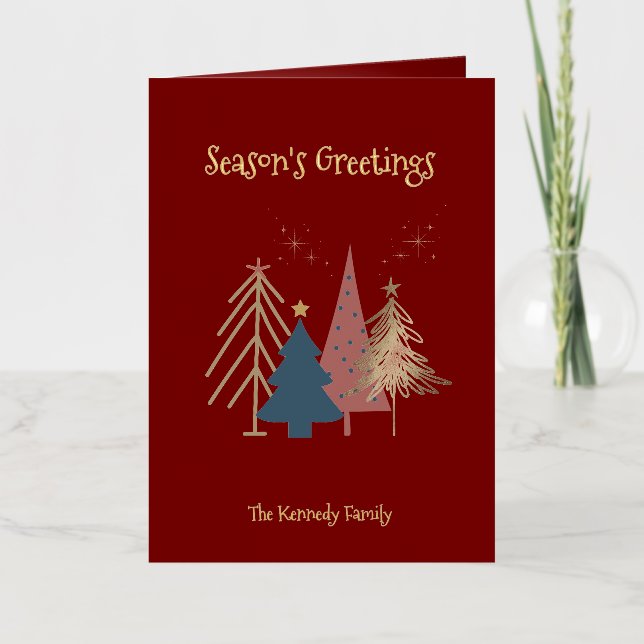 Deep Red Green Pink & Gold Christmas Trees  Foil Greeting Card (Front)