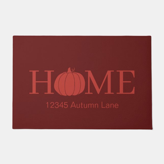 Deep Red HOME Pumpkin Typography and Address Doormat (Front)