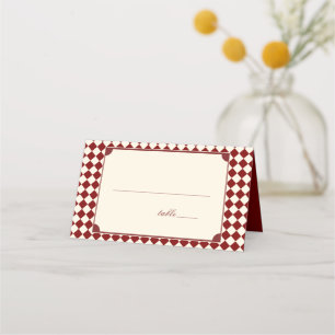 Deep Red Ivory Chequered Martini Bridal Shower Place Card
