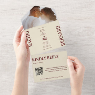 Deep Red & Ivory Typography QR Code Wedding All In One Invitation