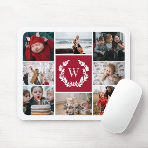 Deep Red Laurel Wreath Monogram Photo Collage Mouse Mat