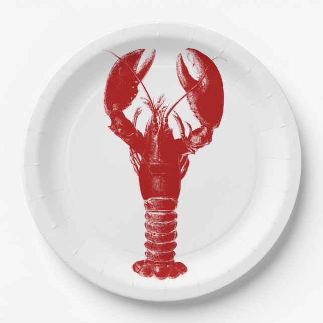 Deep Red Lobster on White Paper Plate (Front)