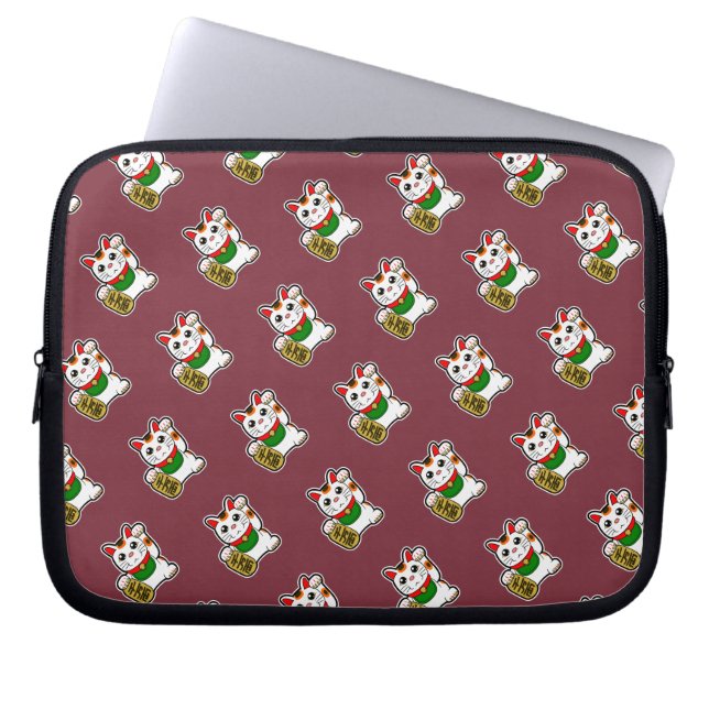 Deep Red Lucky Cat Pattern Laptop Sleeve (Front)