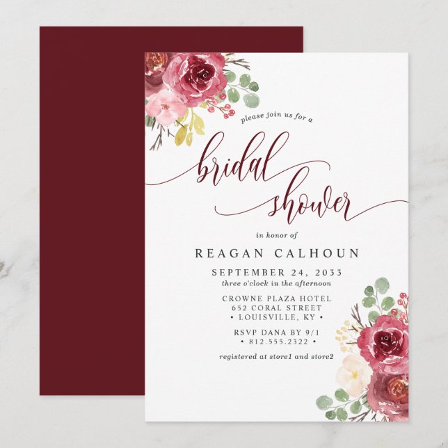 Deep Red Merlot Floral Watercolor Bridal Shower Invitation (Front/Back)