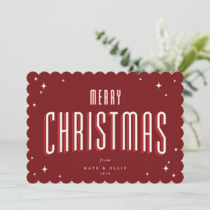 Deep Red Merry Christmas Retro Stars Flat Holiday Card