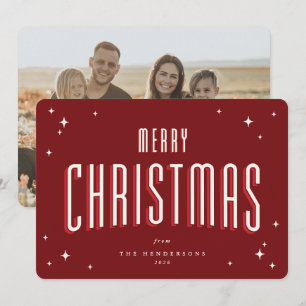 Deep Red Merry Christmas Retro Stars Flat Photo Holiday Card